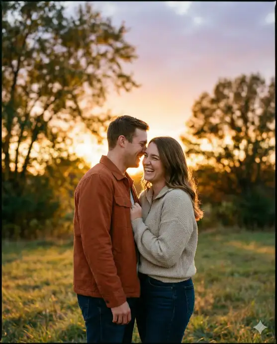 Create a candid laughing portrait of a couple standing close together during golden hour, sunlight wrapping softly around them as they laugh while sharing a private moment. Their posture is relaxed, bodies angled toward each other, shoulders touching. Outfits are stylish yet casual, with warm tones that complement the light. Shot at eye level with shallow depth of field and cinematic lighting. Background features softly blurred trees and warm sky hues, creating a dreamy Instagram couple photo. Use aspect ratio 4:5.