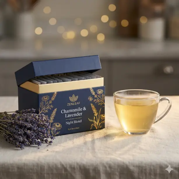Create a product mockup of an elegant rectangular tea box labeled "Zenleaf Chamomile & Lavender Night Blend" with a matte navy blue exterior and gold foil botanical illustrations on the front, the box lid slightly ajar revealing individually wrapped tea sachets inside, placed on a linen tablecloth beside a clear glass teacup filled with pale golden tea and a small bunch of dried lavender, soft warm lighting from behind the teacup creating a gentle glow through the tea, muted blurred kitchen background with bokeh light spots, shot at eye level to capture the box design and the teacup together, calming and elegant atmosphere with a palette of navy, gold, lavender purple, and soft cream, lifestyle tea brand photography style. Use aspect ratio 1:1.