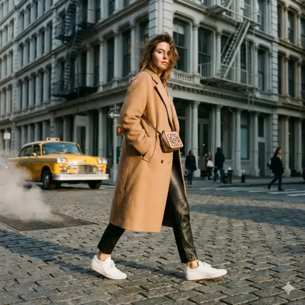 Create a full-body street style photograph of a confident young woman in her late 20s walking on a cobblestone street in SoHo, NYC. She wears an oversized camel wool coat, black leather pants, white sneakers, and carries a small designer crossbody bag. Her posture is relaxed with one hand in her coat pocket, mid-stride with windswept hair. Shot from a low angle at street level, the background features iconic cast-iron buildings with fire escapes, a vintage parked taxi, and soft golden hour sunlight casting long shadows. The scene includes blurred pedestrians in the distance and steam rising from a subway grate. Shallow depth of field with the subject in sharp focus. Use aspect ratio 1:1.