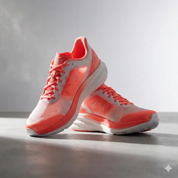 Create a product mockup of a pair of lightweight running shoes named "StrideX Velocity 3.0" in a vibrant coral and white colorway with a translucent mesh upper and thick cushioned sole, one shoe standing upright and the other leaning against it at an angle, placed on a smooth concrete surface with subtle dust particles floating in the air, dramatic side lighting from the left creating strong highlights on the mesh texture and crisp shadows, clean gradient background shifting from light gray to white, shot from a low angle to emphasize the sole technology and dynamic form, energetic and sporty atmosphere with a color palette of coral, white, and soft gray, commercial sneaker photography style. Use aspect ratio 1:1.