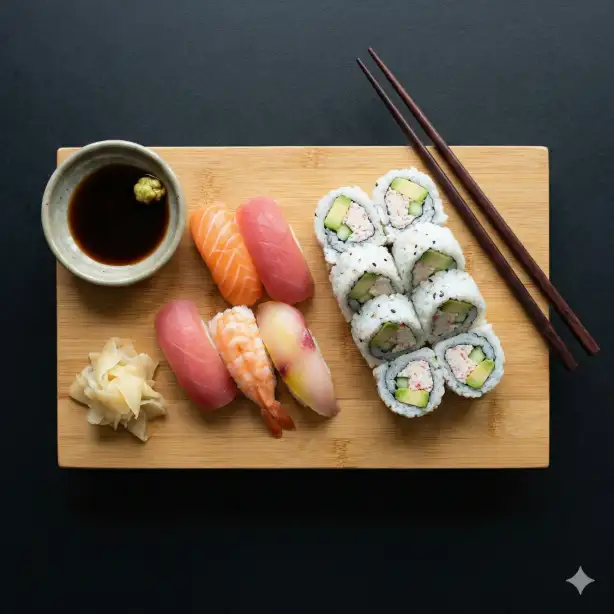 Create a realistic overhead photo of a sushi platter arranged on a rectangular bamboo serving board placed on a clean black stone surface. The platter includes six pieces of nigiri featuring salmon, tuna, shrimp, and yellowtail, along with an eight-piece California roll sliced to show the cross-section of avocado, crab, and cucumber. A small ceramic dish of soy sauce sits beside it with a dab of wasabi on the edge, along with thin slices of pickled ginger. A pair of dark wooden chopsticks rests diagonally across the corner of the board. The camera is directly overhead. Soft, even natural light with minimal shadows for a clean, editorial look. Cool, fresh color palette with vibrant pinks, oranges, and greens against the dark surface. Shot with a 35mm lens. Use aspect ratio 1:1.