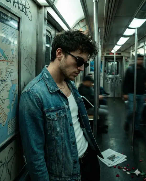 Create a cinematic, moody portrait of a young man standing inside a subway train carriage, captured in a quiet, introspective moment. He leans casually against the interior wall near a subway route map, head slightly bowed, eyes hidden behind dark sunglasses. He has tousled dark hair, light stubble, and wears a worn blue denim jacket layered over a white tank top, giving him a raw, effortless, street-level style. A thin necklace and subtle chest hair add realism and intimacy to the portrait. His posture feels solitary and inward-looking, as if disconnected from the movement around him. The subway interior is gritty and lived-in: metal poles, scratched walls, fluorescent overhead lights, and motion-blurred passengers in the background. A folded newspaper lies abandoned on the floor, along with scattered rose petals, adding quiet symbolism and emotional contrast to the industrial setting. Lighting is cinematic and low-key, with cool teal and green tones from the train lights mixed with warmer highlights on the subject's face and hands. The background falls into soft motion blur, emphasizing isolation amid urban movement. Slight film grain enhances the realism and indie-film atmosphere. Use aspect ratio 4:5.