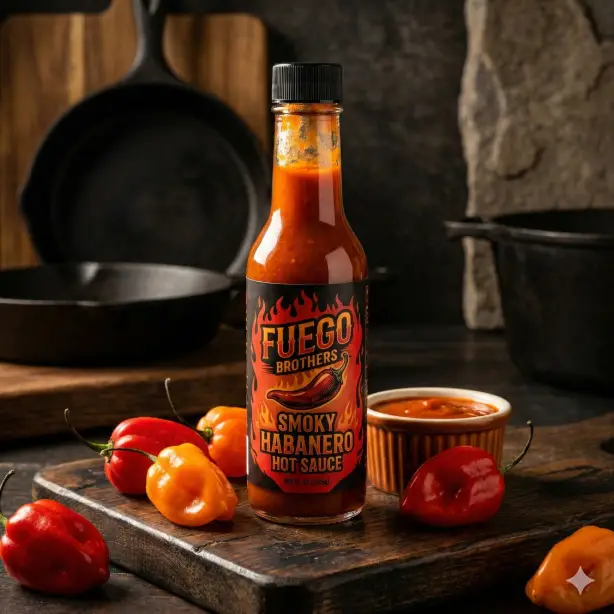Create a product mockup of a slim glass bottle of hot sauce labeled "Fuego Brothers Smoky Habanero Hot Sauce" with a bold label in fiery red, black, and orange featuring flame graphics and a vintage chili pepper illustration, the bottle standing on a dark wooden cutting board with a few fresh habanero peppers in red and orange scattered around it, a small ceramic ramekin of the sauce beside the bottle showing its rich reddish-orange color, dramatic warm side lighting from the left creating deep shadows and highlighting the sauce color through the glass, dark moody kitchen background with rustic textures, shot at eye level focusing on the label and the peppers, bold and fiery mood with a palette of deep red, burnt orange, black, and dark wood tones, artisan food product photography style. Use aspect ratio 1:1.