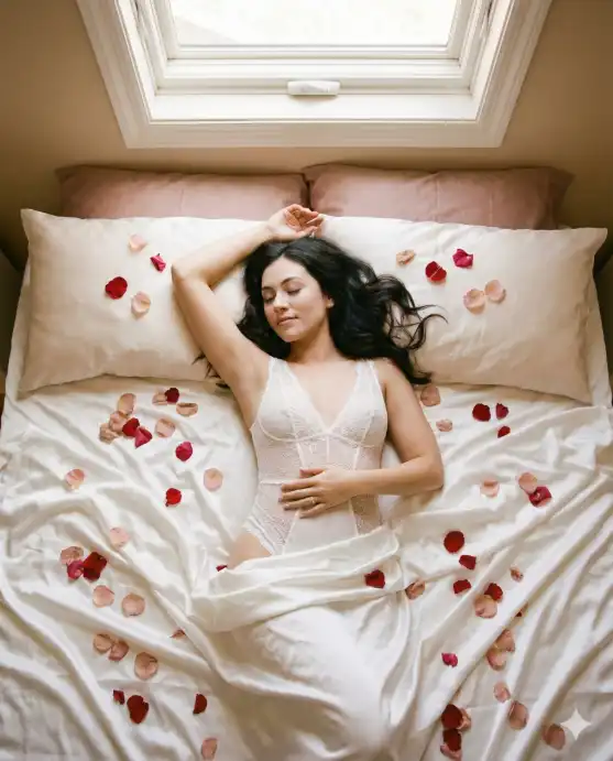 Create a photo of a bride-to-be lying on a bed covered in white silk sheets and scattered red and pink rose petals, wearing a white lace bodysuit, one arm above her head, the other resting on her stomach, eyes closed with a serene peaceful expression, soft overhead natural light from a skylight, intimate boudoir style, shot from directly above as a top-down composition, hair fanned out on the pillow, 35mm lens, f/2.0, soft pastel color palette with warm undertones. Use aspect ratio 4:5.