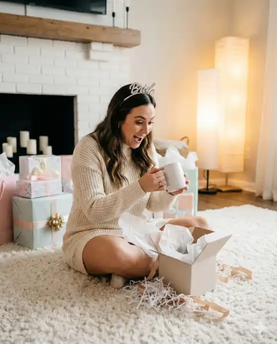 Create a photo of a bride-to-be opening a gift box at her bridal shower, sitting cross-legged on a plush white rug, wearing a white knit sweater dress and a sparkling "Bride" headband, tissue paper and ribbon scattered around her, an expression of surprised delight on her face, hands mid-motion pulling something from the box, beautifully wrapped gifts stacked behind her, cozy living room setting with a white brick fireplace in the background, soft warm lamp lighting, shot from a slightly elevated frontal angle, 40mm lens, lifestyle photography. Use aspect ratio 4:5.