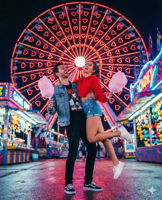 Create a vibrant photo of a couple at a carnival or fair at night, standing in front of a giant illuminated Ferris wheel decorated with red heart lights. The woman wears high-waisted denim shorts, a cropped red hoodie, and white platform sneakers, holding cotton candy. The man wears black jeans, a graphic tee, and a denim jacket. Shot from a low angle looking slightly upward to emphasize the Ferris wheel in the background. Colorful carnival lights create a kaleidoscope of colors with bokeh effects. The man lifts the woman off the ground in a playful spin, both laughing with pure joy, cotton candy in hand. Bold, saturated color grading with enhanced neon tones and dramatic contrast. Use aspect ratio 4:5.
