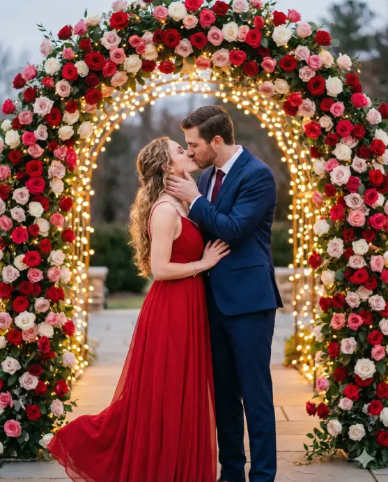 Create a romantic photo of a couple kissing under an archway completely covered in red, pink, and white roses and fairy lights. The woman wears a flowing red chiffon gown with delicate straps and loose, romantic curls. The man wears a navy blue suit with a burgundy tie. Shot from a slight distance at eye level, centered to capture the full archway frame. Soft twilight combined with warm fairy light glow creates magical lighting. The couple stands in the center of the archway, the man holding the woman's face gently as they kiss, her hand on his chest. Enchanting and cinematic color grading with enhanced warm tones and soft contrast. Use aspect ratio 4:5.