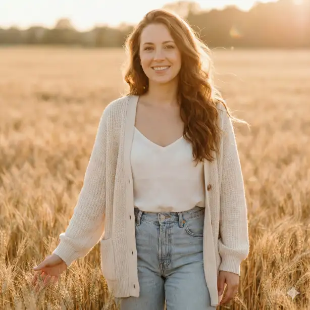 Create a lifestyle portrait of a woman in her late 20s with warm ivory skin and light brown eyes, giving a genuine closed-lip smile while looking directly into the camera, standing in a golden wheat field with stalks reaching her waist, one hand gently touching the wheat tips beside her, wearing a relaxed oversized cream knit cardigan over a simple white camisole with vintage high-waisted light wash jeans, her long auburn wavy hair blowing slightly in a gentle breeze, natural sun-kissed makeup with bronzed cheeks, late afternoon golden hour sunlight streaming from behind her creating a warm halo effect and soft lens flare, shot at eye level as a medium shot from hips up, dreamy romantic and free-spirited mood with a warm palette of gold cream and soft amber, natural light portrait photography. Use aspect ratio 1:1.