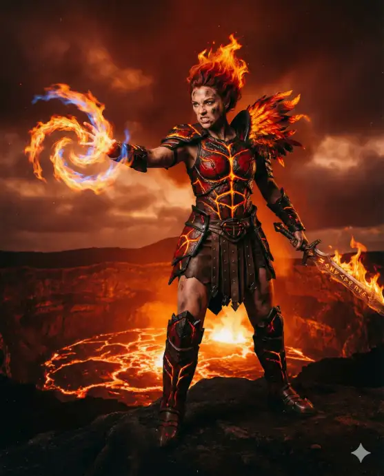 Create a photo of a woman standing at the edge of a volcanic crater, one arm extended forward with flames spiraling from her open palm and the other arm pulled back gripping a flaming sword. She is wearing red and black segmented armor with glowing orange cracks running through it like molten lava, a short battle skirt, armored boots, and a feathered pauldron on one shoulder that resembles phoenix wings. Her hair is fiery red and appears to be made of actual flames at the tips. Her expression is fierce and battle-ready. The background shows a massive volcanic crater with bubbling lava below, dark volcanic rock, billowing smoke and ash clouds, and a deep red and orange sky. The camera is at a low angle, shooting upward. Intense reds, oranges, and deep blacks with dramatic backlighting from the lava glow. Shot with a 35mm lens, cinematic action composition. Use aspect ratio 4:5.