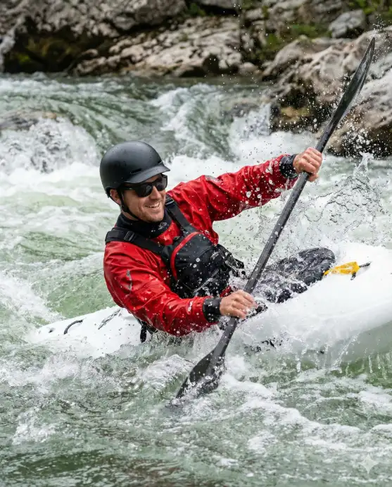 Create a dynamic action shot of a man white-water kayaking through powerful river rapids, captured mid-motion. He is seated in a kayak, leaning into the movement of the water while forcefully paddling forward. His body is angled diagonally across the frame, creating a strong sense of speed and momentum. Water splashes violently around him, with frozen droplets and foam suspended in the air. He wears professional kayaking gear: a bright red waterproof dry suit, a black safety vest, and a matte black helmet. Dark sunglasses shield his eyes, and his expression is energetic and joyful, smiling with excitement and confidence as he navigates the rapids. The environment is a fast-moving river with churning white water and rocky edges visible in the background. The water is textured and turbulent, with natural green and white tones. Lighting is natural daylight, slightly diffused, highlighting the splashes and droplets while maintaining sharp detail on the subject. The image is captured with a fast shutter feel, freezing motion while preserving realism. The composition feels immersive, as if the viewer is right in the river with him. Use aspect ratio 4:5.