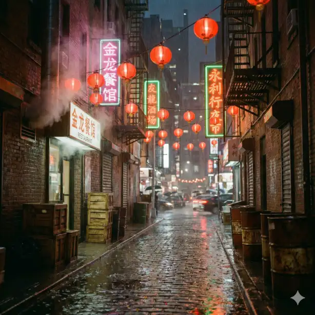 Create a moody photograph of a narrow alley in Chinatown during a nighttime rain shower. Red paper lanterns hang overhead on strings, their glow reflecting on the wet cobblestones below. Neon signs in Chinese characters illuminate the scene in pink, green, and orange. Steam rises from a restaurant vent. Stacked wooden crates and metal barrels line the walls. Fire escapes zigzag up the brick buildings on either side. Puddles create perfect mirror reflections of all the lights. Shot from one end of the alley looking through to the busy street beyond. No people visible, creating a mysterious, cinematic atmosphere. Use aspect ratio 1:1.