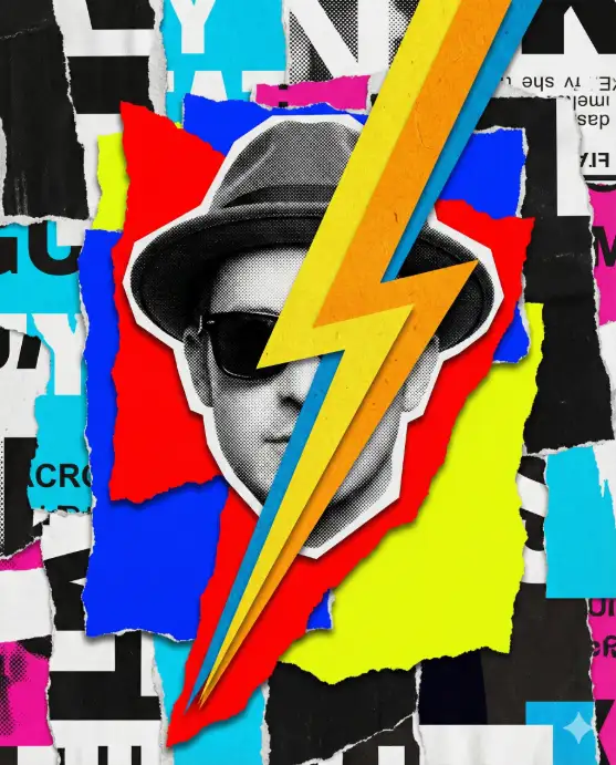 Create a bold retro pop-art torn paper collage featuring a stylish man wearing dark sunglasses, with a colorful lightning bolt layered across the portrait. The composition should be built using layered ripped paper fragments with clearly visible rough and uneven torn edges. Each layer must show realistic paper fiber texture, subtle grain, and slightly curled edges to enhance the handmade feel. The man and lightning bolt should appear as cut-out photographic elements placed over contrasting torn paper color blocks. Use a high-contrast and saturated color palette such as electric blue, bright red, neon yellow, and black. Combine black-and-white paper fragments with vibrant colored paper shapes to create strong visual contrast. Arrange the composition asymmetrically with overlapping paper layers to create depth and visual interest. Add subtle drop shadows between the layers to enhance the realistic collage effect. The lighting should be flat and poster-like. Avoid smooth digital gradients, 3D rendering, glossy effects, or overly polished digital finishes. The style should feel like vintage magazine cut-and-paste collage from the 1960s to 1980s, with a bold graphic design aesthetic and a playful, slightly surreal mood. Ensure high resolution with sharp details and a matte paper texture throughout. Aspect ratio 4:5.