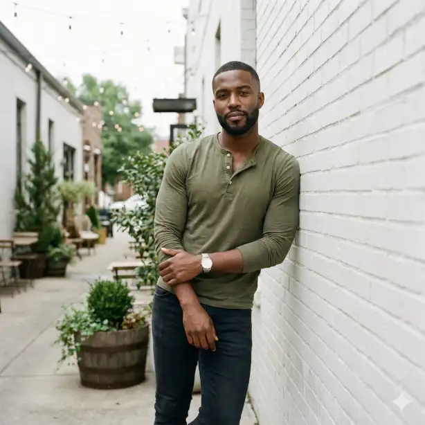 Create a photo of a man in his early 30s with deep brown skin and a confident relaxed expression, leaning casually against a white painted brick wall with his arms loosely crossed, wearing a fitted olive green henley shirt with the top two buttons undone and slim dark wash jeans, a simple silver watch on his wrist, neatly faded haircut with a well-groomed short beard, background showing a trendy urban side street with potted plants and string lights slightly out of focus, soft overcast natural light creating even illumination with no harsh shadows on his face, shot at eye level as a three-quarter body shot, cool and effortlessly stylish atmosphere with muted green and white tones, editorial street style photography. Use aspect ratio 1:1.