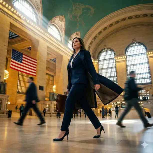 Create a dramatic photograph of a businesswoman in her 40s walking purposefully through the main concourse of Grand Central Terminal. She wears a tailored navy power suit, pointed heels, and carries a structured leather briefcase. Her chin is lifted, expression confident, mid-stride with coat slightly flowing behind her. Shot from a low angle looking upward, the magnificent celestial ceiling with zodiac constellations is visible above. Sunbeams stream through the tall arched windows creating dramatic light rays. Motion-blurred commuters rush past on either side. The American flag hangs in the background. Golden warm interior lighting contrasts with the bright window light. Use aspect ratio 1:1.