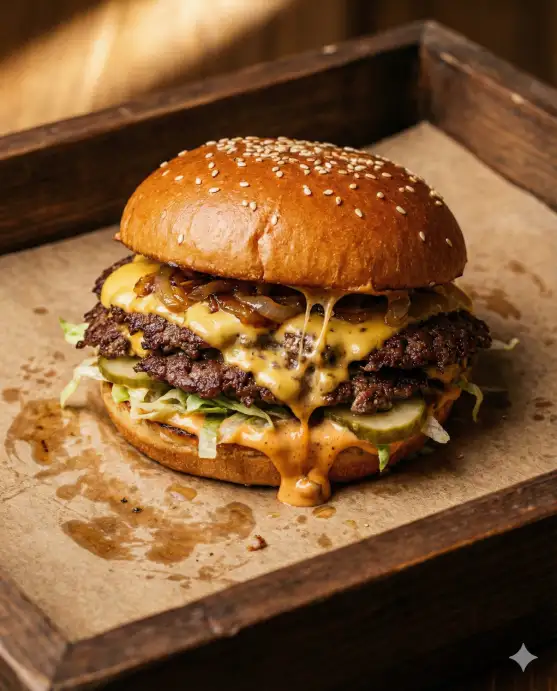 Create a realistic close-up photo of a gourmet smash burger on a sheet of brown parchment paper on a dark wooden tray. The burger has a toasted brioche bun, two thin smashed beef patties with crispy laced edges, melted American cheese oozing down the sides, caramelized onions, shredded lettuce, sliced pickles, and a tangy special sauce visibly dripping from the bottom. A few sesame seeds are on the top bun. The burger is slightly compressed as if just pressed together, with the cheese pull visible between the patties. The camera is at table level, shooting straight on at the burger's cross-section. Warm, directional light from the upper left highlighting the cheese melt and sauce drip. Rich, warm, slightly desaturated tones with a fast-food editorial vibe. Shot with a 50mm lens, shallow depth of field. Use aspect ratio 4:5.