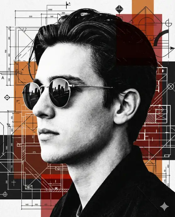 Create a striking graphic portrait of a young man shown in sharp side profile, facing left, rendered in high-contrast black and white. He has neatly styled dark hair swept back, and wears round metal-frame sunglasses with subtle reflections in the lenses. His expression is calm, confident, and introspective, with clean facial contours and smooth tonal gradients across the skin. The background is a bold, abstract design inspired by architectural blueprints and technical drawings, layered with precise linework, measurement markings, symbols, and schematic annotations. Intersecting geometric shapes cut across the composition. These shapes are filled with vivid burnt orange, deep red, and black accents, creating a strong contrast against the grayscale portrait. The composition feels modern and editorial, blending brutalist graphic design with conceptual poster art. Texture is slightly grainy, evoking printed paper or screen-printed ink. The subject is sharply in focus while the background elements are flat and graphic, emphasizing contrast between realism and abstraction. Use aspect ratio 4:5.