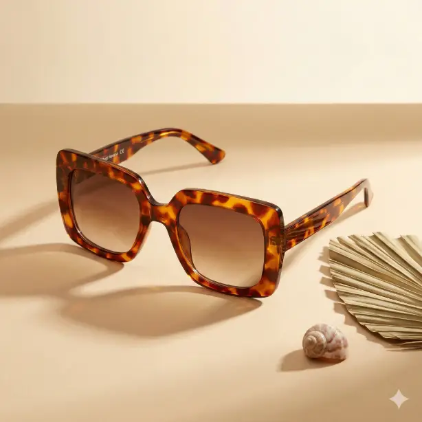 Create a product mockup of oversized square-frame sunglasses named "VistaBold Havana" in a classic tortoiseshell acetate pattern with gradient brown lenses, positioned at a slight angle on a smooth sandy beige surface with a soft shadow cast behind them, a dried palm leaf and a small seashell placed artfully nearby, warm natural lighting from the right side simulating afternoon sun, soft cream-to-beige gradient background, shot from a slightly overhead angle at about 45 degrees capturing the frame pattern and lens gradient, effortlessly chic summer mood with a palette of tortoiseshell amber, warm beige, and soft brown, fashion accessories editorial photography style. Use aspect ratio 1:1.