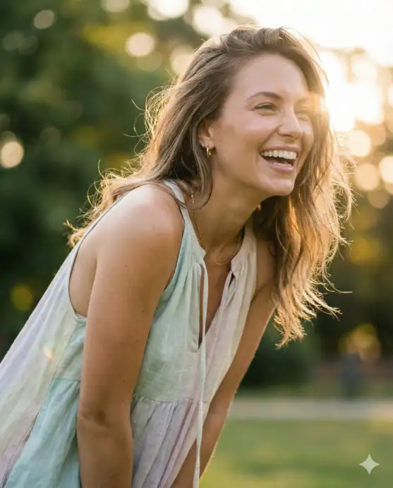 Create a candid laughing portrait of a woman caught in a genuine moment, leaning slightly forward with her shoulders relaxed and her head turned to the side while laughing freely. She is wearing a flowy pastel summer dress with subtle texture, minimal gold jewelry, and natural makeup with glowing skin. Her hair is loose and slightly wind-swept. The photo is shot at eye level with a portrait lens, soft background blur, and warm golden-hour lighting. Background features a sunlit park with greenery and bokeh light spots, giving a soft, stylish Instagram vibe. Use aspect ratio 4:5.