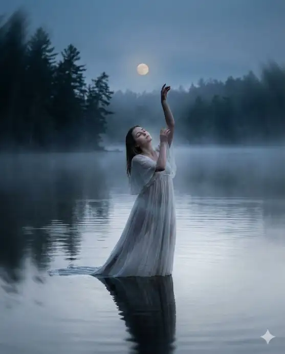 Create a photo of a young woman emerging from the surface of a perfectly still lake at dusk, water dripping from her outstretched arms which are raised gracefully above her head. She is wearing a sheer, flowing white gown that clings to her form and floats on the water's surface around her. Her wet hair is slicked back, and her skin has a faint luminous glow. Her expression is peaceful and otherworldly, eyes half-closed, face tilted slightly upward. The background is a misty lake surrounded by dark silhouetted pine trees, a pale full moon hanging low in a deep twilight sky, and a soft silver reflection rippling across the water. The camera is at water level, shooting straight across the lake surface. Cool silver, deep blue, and pale moonlight tones with a haunting, ethereal mood. Shot with an 85mm lens, soft focus edges. Use aspect ratio 4:5.