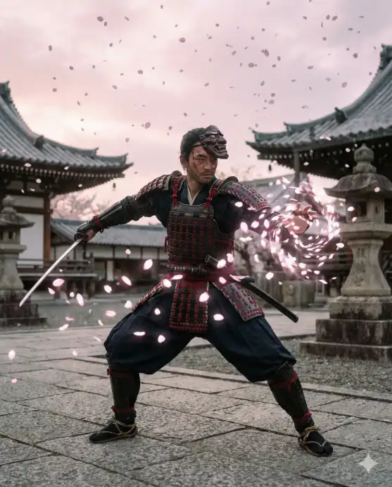 Create a photo of a man standing in a wide stance in the center of a stone courtyard, drawing a katana from its sheath at his hip with one hand while the other hand extends outward surrounded by a swirl of glowing cherry blossom petals that seem to move with supernatural energy. He is wearing traditional black samurai armor with red silk cord lacing, a dark hakama, armored shoulder plates, and wooden sandals. A fearsome oni mask is pushed up to the top of his head, revealing a calm but intense face with a scar across one cheek. The background is a traditional Japanese temple courtyard with curved rooftops, stone lanterns, and hundreds of cherry blossom petals falling like a pink snowstorm with a soft pink and gray sky. The camera is at hip height, shooting slightly upward. Soft pink, deep black, and warm red tones with dynamic movement and soft diffused light. Shot with a 35mm lens, cinematic action composition. Use aspect ratio 4:5.