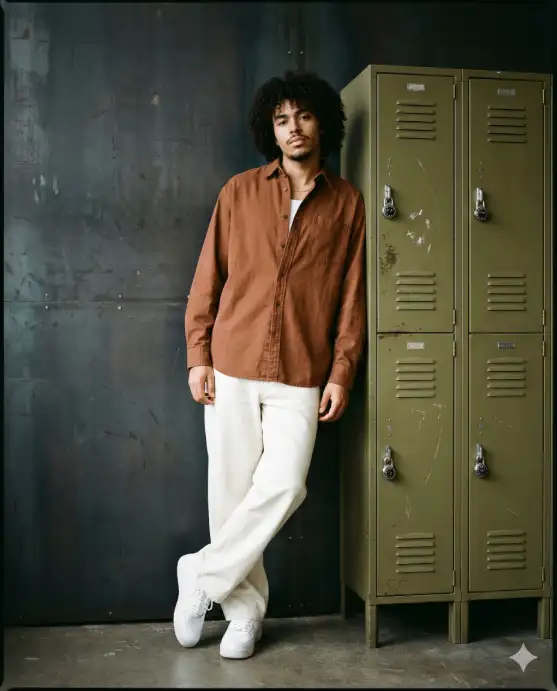 Create a stylish full-body portrait of a young man leaning casually against a dark industrial wall beside a column of vintage metal lockers. The lockers are olive-green with a slightly worn, matte finish, each featuring small rectangular label plates and visible combination locks, adding a subtle utilitarian character to the setting. The man stands with relaxed confidence, one foot crossed over the other against the wall, shoulders slightly angled. His expression is calm and self-assured, with a soft, natural gaze directed toward the camera. He has thick, curly dark hair with natural volume and a faint, well-groomed mustache and beard. He wears a rust-brown button-up shirt, slightly loose and casually unbuttoned at the top, layered over a white sleeveless undershirt. The fabric appears soft and breathable. He pairs it with wide, off-white trousers that drape comfortably, giving a relaxed, contemporary silhouette. On his feet are clean white sneakers with subtle detailing, enhancing the modern yet understated look. Use aspect ratio 4:5.