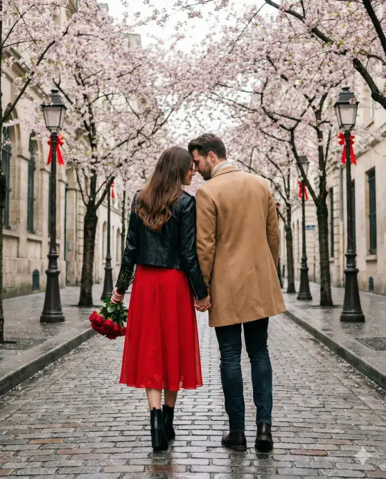 Create an elegant photo of a stylish couple walking hand-in-hand down a charming European cobblestone street lined with flowering cherry blossom trees and vintage street lamps adorned with red ribbons. The woman wears a flowing red midi dress with a black leather jacket and ankle boots, carrying a bouquet of red roses. The man wears fitted dark jeans, a cream turtleneck, and a tailored camel coat. Shot from behind at a low angle, capturing their silhouettes against the pink blossoms. Natural overcast lighting creates soft, even tones. The couple leans into each other while walking, heads tilted together. Romantic and dreamy atmosphere with slight film grain texture. Use aspect ratio 4:5.