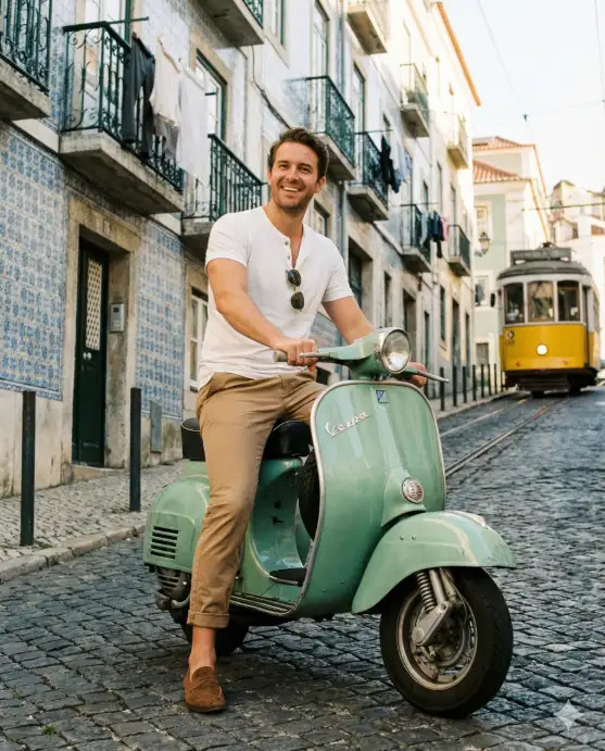 Create a travel photo of a man sitting on a parked vintage mint-green Vespa on a steep cobblestone street in Lisbon's Alfama district. He has one foot on the ground and both hands resting on the handlebars, looking over his shoulder toward the camera with an easy, natural grin. He is wearing a white short-sleeve henley shirt, tan chinos cuffed at the ankle, and brown suede loafers with aviator sunglasses hooked in his shirt collar. Behind him, the narrow street climbs steeply with traditional azulejo-tiled building facades in blue and white, wrought iron balconies with drying laundry, and a vintage yellow tram partially visible at the top of the hill. The camera is slightly below him on the slope, shooting upward. Warm late morning light with soft shadows and a golden Iberian warmth. Shot with a 50mm lens, lifestyle travel photography style. Use aspect ratio 4:5.