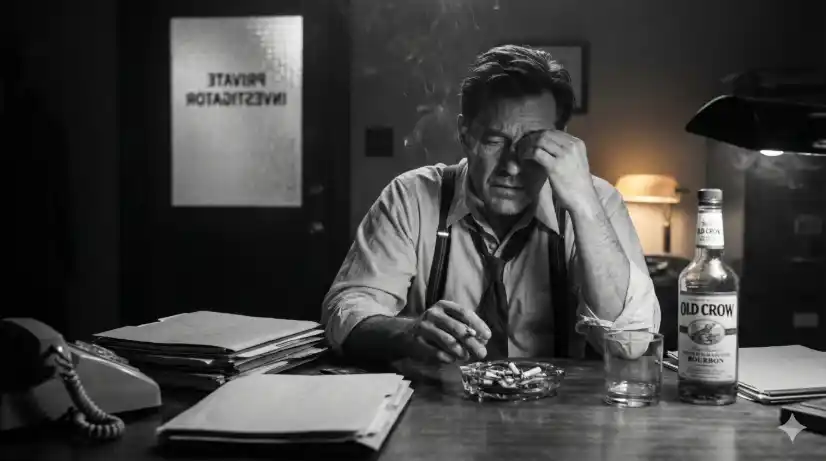 Create a black-and-white film noir photo of a man in his late 40s sitting behind a cluttered wooden desk in a small, dark office at night. He is wearing a rumpled white dress shirt with rolled-up sleeves, a loosened dark tie, and suspenders. He is leaning forward with both elbows on the desk, rubbing his temples with one hand while the other holds a lit cigarette over an ashtray. On the desk are stacked manila folders, a rotary phone, an empty glass, and a bottle of bourbon. The background shows a frosted glass door with reversed lettering barely visible. Rich, moody black-and-white with warm undertones and cold blacks in the surrounding shadows. Shot with a 50mm lens at eye level across the desk. Use aspect ratio 16:9.