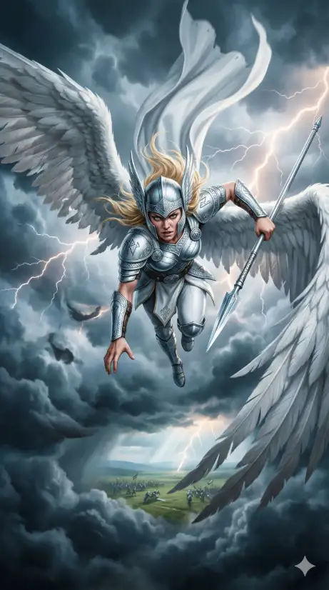 Create a photo of a woman descending through dark storm clouds with massive white-feathered wings spread wide, one arm reaching downward and the other holding a gleaming silver spear. She is wearing polished silver and white armor with intricate Norse rune engravings, a winged helmet, a flowing white cape trailing above her, and armored boots. Her blonde hair whips around her face in the wind. Her expression is fierce and focused, eyes locked downward. The background is a dramatic stormy sky with dark churning clouds, streaks of lightning, and a break in the clouds below revealing a distant battlefield on green plains. The camera is positioned below, shooting directly upward. Cool steel blues and bright whites with flashes of warm lightning. Shot with a 24mm lens, dynamic vertical composition. Use aspect ratio 9:16.