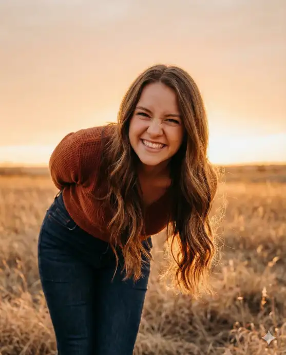 Create a warm, golden-hour portrait of a young woman standing in a dry grassy field at sunset. The sky behind her glows in soft gradients of amber, peach, and pale orange, creating a dreamy, sun-drenched atmosphere. The sun is low on the horizon, casting warm backlight that gently illuminates the edges of her hair and shoulders with a subtle halo effect. She leans forward slightly toward the camera in a playful, candid pose, bending at the waist with her hands loosely clasped near her knees. Her face is close to the lens, creating a mild wide-angle distortion that enhances the spontaneous, intimate feel of the shot. She wears a joyful, scrunched-nose smile with her eyes partly closed, expressing genuine laughter and carefree happiness. Her long, wavy brown hair falls naturally over her shoulders, catching the warm sunlight and showing soft highlights. She wears a casual, earth-toned long-sleeve top paired with relaxed dark jeans, blending harmoniously with the natural landscape. The surrounding field is filled with tall, dry grass in golden and beige tones, softly blurred in the foreground and background due to a shallow depth of field. In the distance, faint silhouettes of low hills and sparse vegetation add depth without distracting from the subject. Use aspect ratio 4:5.