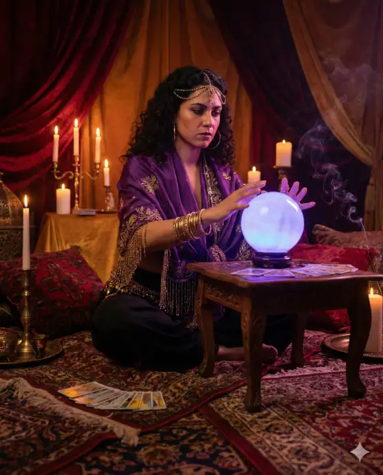Create a photo of a woman sitting cross-legged on layered Persian rugs inside a dimly lit tent, both hands hovering over a glowing crystal ball placed on a low wooden table in front of her. She is wearing a deep purple and gold silk wrap with heavy beaded fringe, stacked gold bangles on both wrists, large hoop earrings, and a jeweled headchain draped across her forehead. Her dark curly hair falls around her shoulders. Her expression is intense and focused, eyes locked on the crystal ball. The background shows the interior of a richly decorated tent with draped velvet fabrics in deep reds and golds, burning candles on ornate brass holders, scattered tarot cards, and wisps of incense smoke curling upward. The camera is at table height, shooting slightly upward toward her face. Warm amber and deep violet tones with soft candlelight casting flickering shadows. Shot with a 50mm lens, intimate composition. Use aspect ratio 4:5.
