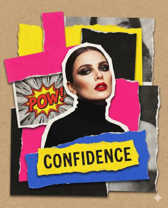 Create a bold retro pop-art torn paper collage featuring a confident woman with bold red lips and dramatic eye makeup. The composition should be built using layered ripped paper fragments with clearly visible rough and uneven torn edges. Each layer must show realistic paper fiber texture, subtle grain, and slightly curled edges to enhance the handmade feel. The woman should appear as a cut-out photographic element placed over contrasting torn paper color blocks. Use a high-contrast and saturated color palette such as hot pink, bright yellow, cobalt blue, and deep black. Combine black-and-white paper fragments with vibrant colored paper shapes to create strong visual contrast. Arrange the composition asymmetrically with overlapping paper layers to create depth and visual interest. Add subtle drop shadows between the layers to enhance the realistic collage effect. The lighting should be flat and poster-like. Avoid smooth digital gradients, 3D rendering, glossy effects, or overly polished digital finishes. The style should feel like vintage magazine cut-and-paste collage from the 1960s to 1980s, with a bold graphic design aesthetic and a playful, slightly surreal mood. Ensure high resolution with sharp details and a matte paper texture throughout. Aspect ratio 4:5.