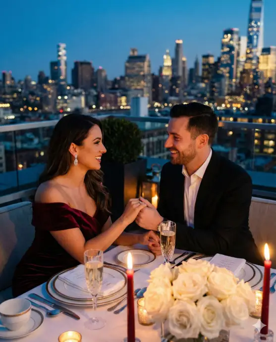 Create a luxurious photo of a couple enjoying a candlelit dinner on a rooftop terrace overlooking city lights at dusk. The woman wears an off-shoulder burgundy velvet dress with diamond earrings, her hair in an elegant updo. The man wears a fitted black suit with a crisp white shirt, no tie. They sit at a beautifully set table with white roses, red candles, champagne flutes, and delicate china. Shot from a medium distance at table level, capturing both subjects and the glittering cityscape behind them. The man reaches across to touch the woman's hand while both smile at each other. Moody lighting with warm candlelight as the key light and cool blue hour tones in the background. Professional color grading with rich contrast. Use aspect ratio 4:5.