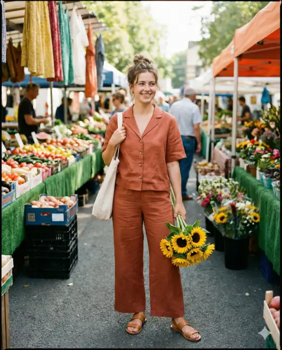 Create a photo of a young woman standing at a colourful outdoor farmers market in the late morning, holding a canvas tote bag in one hand and a bunch of sunflowers in the other. She is wearing a matching linen co-ord set in warm terracotta, consisting of a relaxed short-sleeve button-up and wide-leg trousers, paired with tan leather strappy sandals. Her hair is in a loose bun with a few pieces falling around her face. She is smiling naturally, looking slightly off to the side. The camera is positioned at eye level with a slight shallow depth of field. Background shows blurred market stalls with colourful produce and hanging fabric. Bright, natural midday light with a warm, sunlit colour palette. Editorial lifestyle photography style. Use aspect ratio 4:5.