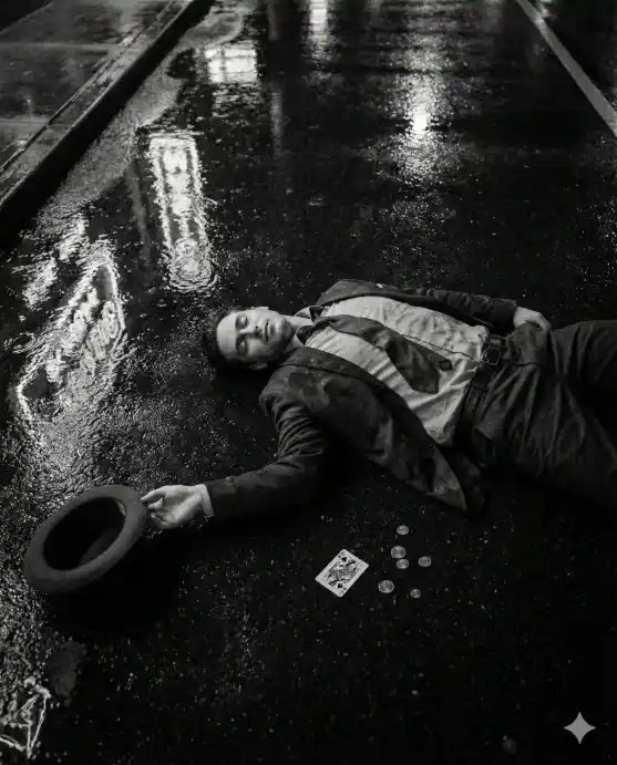 Create a black-and-white film noir photo taken from directly overhead of a man lying face-up on a rain-soaked city street at night. He is wearing a rumpled dark suit with the jacket open, a loosened tie, and one arm stretched out to the side with his fedora resting just beyond his fingertips. His eyes are closed and his face is calm. The wet asphalt reflects neon signage and a distant streetlamp, creating streaks and pools of light around his body. A single playing card and a few scattered coins lie near his other hand. The camera is positioned directly above, looking straight down. Stark, dramatic lighting with heavy blacks, silvery reflections on the wet ground, and deep film grain. Shot with a 24mm lens, flat overhead perspective. Use aspect ratio 4:5.