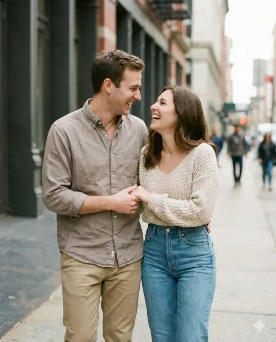 Create a candid laughing portrait of a couple walking side by side, captured mid-laughter as they look at each other rather than the camera. Their posture is relaxed and natural, shoulders close, hands brushing or lightly holding. The man is wearing a casual button-down shirt with rolled sleeves and chinos, while the woman is wearing high-waisted jeans and a cozy knit top. Shot from a slight distance with a documentary-style angle, shallow depth of field, and soft natural light. Background is a city sidewalk with blurred buildings and warm neutral tones, giving an effortless Instagram couple aesthetic. Use aspect ratio 4:5.