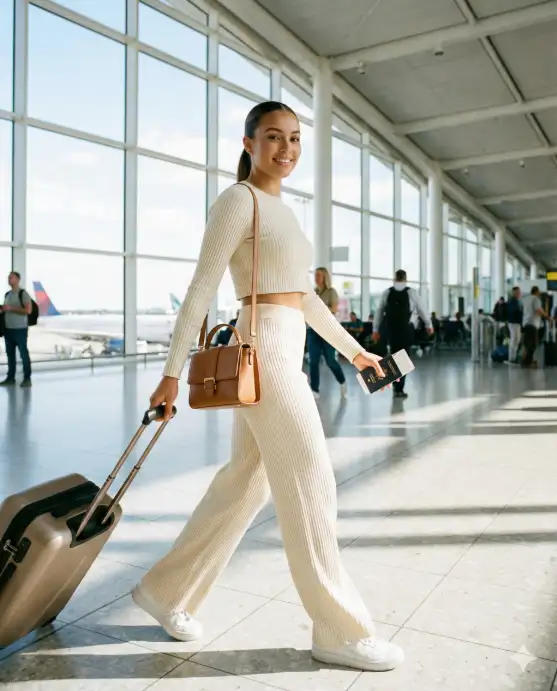 Create a photo of a young woman walking through a bright airport terminal, pulling a carry-on suitcase with one hand and holding her passport in the other, mid-stride, looking toward the camera with a confident smile. She is wearing a matching co-ord set in cream ribbed fabric, consisting of a fitted cropped long-sleeve top and wide-leg trousers, with clean white sneakers and a structured tan leather shoulder bag. Her hair is in a sleek low ponytail. The camera is at hip height, slightly wide angle, capturing her in motion. Background shows a blurred terminal with high ceilings and large windows flooding the space with natural light. Bright, airy, clean editorial aesthetic. Use aspect ratio 4:5.