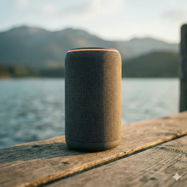 Create a product mockup of a cylindrical portable Bluetooth speaker called "BoomCore 360" with a woven fabric exterior in charcoal gray and a rubberized base, a subtle LED ring glowing soft orange around the top edge, placed on a weathered wooden dock plank with a lake and soft mountains blurred in the far background, warm late afternoon side lighting catching the fabric texture and making the LED ring stand out, slightly desaturated natural tones in the background contrasting with the speaker's clean design, shot from a low angle at about 20 degrees giving the speaker a heroic presence, adventurous and lifestyle-driven mood with a palette of charcoal, burnt orange, natural wood, and soft teal, outdoor lifestyle product photography style. Use aspect ratio 1:1.