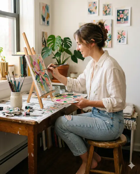 Create a lifestyle photo of a young woman sitting on a low wooden stool in front of a small canvas on a tabletop easel in a sunlit corner of her apartment. She is holding a thin paintbrush in one hand and a messy paint palette in the other, mid-stroke on an abstract floral painting. She is wearing a loose-fitting ivory linen shirt with faint paint smudges on the sleeves, rolled up to the elbows, and high-waisted light wash mom jeans with bare feet. Her hair is clipped up in a casual claw clip with a few loose strands. Her expression is focused and relaxed, eyes on the canvas with a slight smile. The camera is at her seated eye level from slightly to the right, capturing her profile along with the canvas and the art corner. The background shows a white wall with a few small finished paintings taped up, a mason jar of brushes, scattered paint tubes on a newspaper-covered table, and warm afternoon light streaming in from a window to the left casting soft shadows. Natural, bright tones with pops of color from the paints. Shot with a 50mm lens, shallow depth of field. Use aspect ratio 4:5.