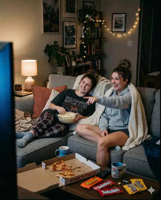 Create a photo of two young women curled up on a large gray sectional couch in a dimly lit living room during a movie night. One is lying on her side with her head propped on a cushion, wearing an oversized band t-shirt with plaid flannel pants and fuzzy socks, holding a bowl of popcorn on her stomach. The other is sitting cross-legged at the other end of the couch in a soft hoodie and cotton shorts, wrapped in a knitted throw blanket, pointing at the TV screen off-camera with an excited expression. The coffee table has two mugs, a half-eaten pizza box, and a few scattered candy wrappers. The room is lit by the soft blue glow of the TV screen mixed with warm light from a small table lamp and a string of fairy lights on the wall behind the couch. The camera is at couch height, capturing the full scene from a slight angle. Cozy, intimate, lifestyle photography with warm, muted tones. Shot with a 35mm lens, medium depth of field. Use aspect ratio 4:5.