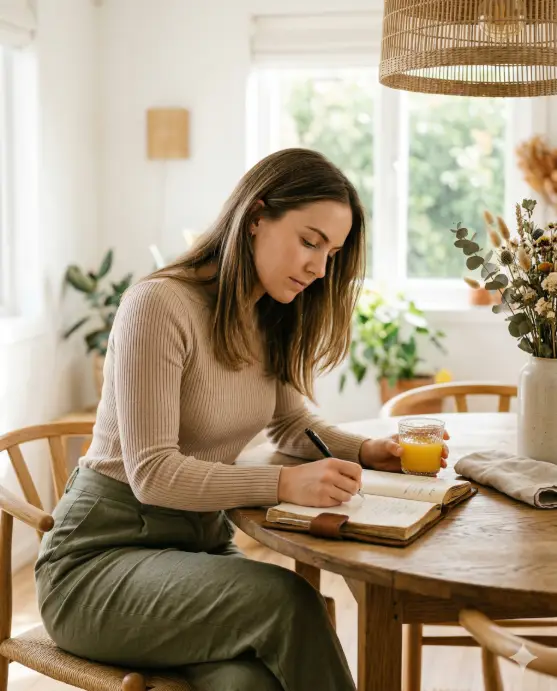 Create a lifestyle photo of a young woman sitting at a round wooden dining table writing in a leather-bound journal with a black pen. She is wearing a fitted ribbed beige long-sleeve top and high-waisted olive linen trousers. Her hair is down and falling forward slightly as she leans over the journal. Her free hand cradles a small glass of orange juice. She has a thoughtful, contemplative expression, eyes focused on the page. The camera is at table height, slightly to her right, capturing her face and hands along with the journal and glass. The background shows a bright, airy dining area with white walls, a woven pendant light hanging above, and a small vase of dried wildflowers on the table. Soft, even morning light with natural skin tones and warm wood accents. Shot with a 50mm lens, shallow depth of field. Use aspect ratio 4:5.