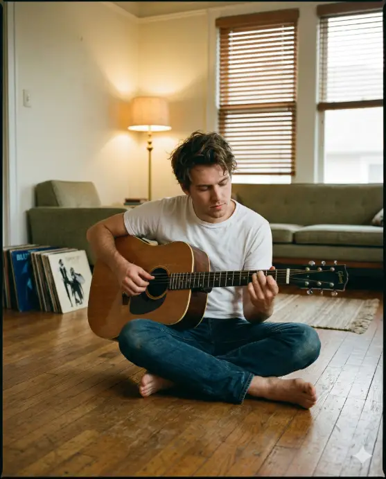 Create a lifestyle photo of a young man sitting cross-legged on a wooden floor playing an acoustic guitar. He is wearing a plain white crew neck t-shirt and worn-in dark jeans with bare feet. His head is slightly bowed with his eyes focused on the fretboard, and his fingers are positioned mid-chord. His expression is absorbed and peaceful. The camera is at floor level, positioned slightly to his left, capturing him and the guitar along with the room stretching out behind him. The background shows a simple apartment living room with a low sofa, a few vinyl records leaning against the wall, a warm floor lamp turned on in the corner, and soft late afternoon light filtering through wooden blinds. Warm, golden, slightly desaturated tones with a vintage feel. Shot with a 35mm lens, natural depth. Use aspect ratio 4:5.