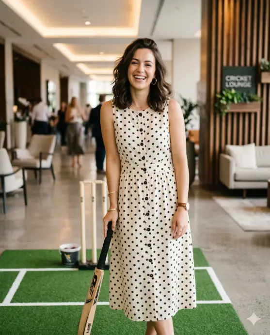 Create a bright lifestyle portrait of a cheerful young woman standing indoors in a stylish hotel lobby or lounge area that has been set up with a small indoor cricket display, smiling warmly toward the camera while holding a cricket bat casually by her side and leaning slightly toward it in a relaxed pose, wearing a sleeveless cream-colored midi dress decorated with evenly spaced black polka dots and front buttons, paired with subtle jewelry including small hoop earrings, bracelets, and a wristwatch, her shoulder-length dark hair styled in soft waves with a slight lift at the crown, the background featuring elegant modern interiors with warm ceiling lights, polished floors, decorative wall panels, and a small patch of artificial green turf with cricket stumps placed behind her, captured in soft ambient lighting with shallow depth of field that gently blurs the background while keeping her face and outfit crisp, creating a polished yet casual event-style portrait with a friendly, confident atmosphere. Use aspect ratio 4:5.