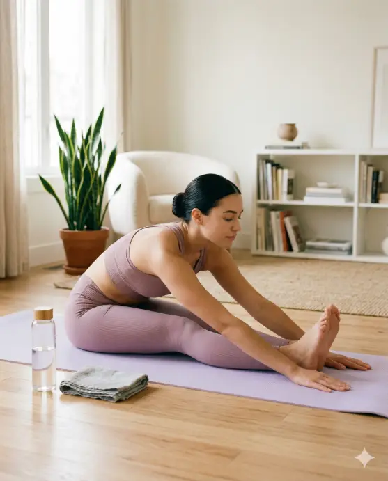 Create a lifestyle photo of a young woman doing a seated forward stretch on a light lavender yoga mat in a bright living room. She is wearing a matching soft mauve sports bra and high-waisted leggings with her hair pulled back in a sleek low bun. Her arms are extended forward reaching past her feet, and her expression is peaceful with her eyes closed. A glass water bottle and a small towel are placed beside the mat. The camera is positioned low at mat level from slightly to her side, capturing her full stretch and the room around her. The background shows a minimalist living room with a large window letting in soft morning light, a low bookshelf, and a single large potted snake plant in the corner. Clean, airy tones with soft pastels and natural light. Shot with a 35mm lens, medium depth of field. Use aspect ratio 4:5.