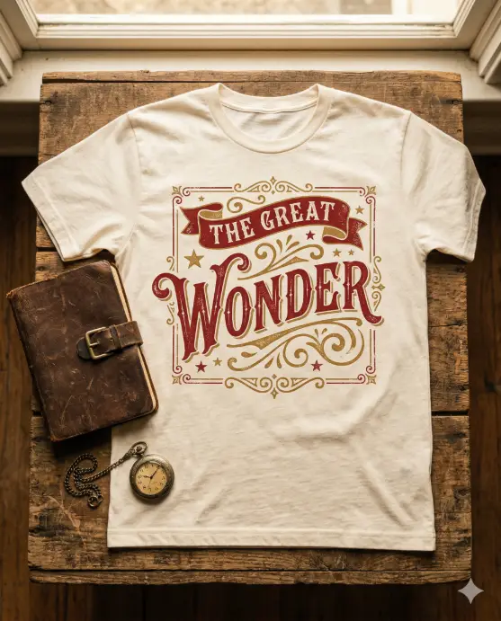 Create a flat lay photo of a cream-colored heavyweight cotton t-shirt on a rustic wooden crate. The shirt features ornate vintage circus-style typography in deep red and gold ink that reads "THE GREAT WONDER" with decorative banners, small stars, and thin line borders surrounding the text. The font has an old-timey, hand-painted carnival poster quality with slight ink irregularities. A worn leather journal and an antique brass pocket watch are styled beside the shirt. The camera is overhead, shooting directly down. Warm, golden-toned natural light with a slightly aged, sepia-leaning color palette. Nostalgic, Americana, vintage fair aesthetic. Use aspect ratio 4:5.