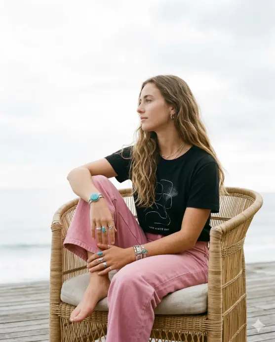 Create a serene minimalist lifestyle portrait of a young woman sitting sideways on a woven rattan chair against a bright open sky backdrop, gazing thoughtfully into the distance with a calm and reflective expression, her long soft wavy hair flowing naturally over her shoulders, wearing a casual black graphic t-shirt paired with loose high-waisted pink denim pants, accessorized with multiple silver rings, stacked bracelets, and a turquoise statement bangle that adds a pop of color, her posture relaxed with one knee drawn up slightly and hands resting gently over her leg, the composition airy and clean with a mostly white sky background that creates a high-key minimalist aesthetic, captured in soft natural daylight with shallow depth of field to highlight her relaxed mood, subtle textures, and a contemporary editorial lifestyle style. Use aspect ratio 4:5.