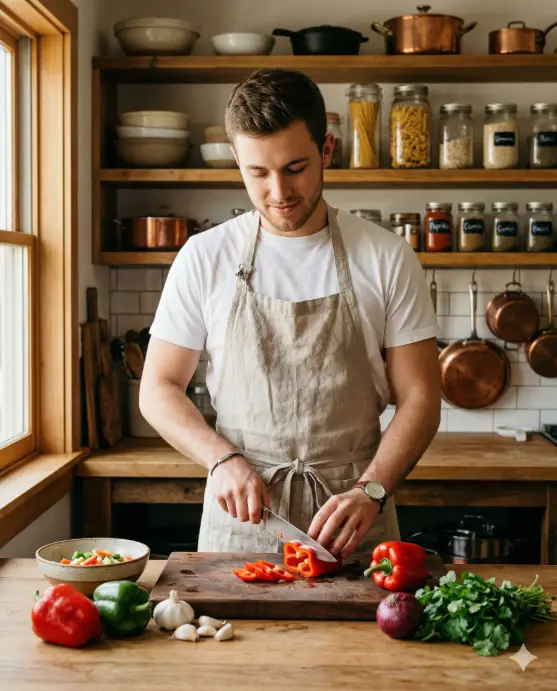 Create a lifestyle photo of a young man standing at a kitchen counter chopping fresh vegetables on a wooden cutting board. He is wearing a plain white t-shirt and dark gray joggers with a linen apron tied at the waist. One hand holds a chef's knife mid-slice while the other steadies a red bell pepper. He is looking down at his hands with a calm, focused expression and a slight smile. The camera is positioned at waist height from across the counter, capturing him from the torso up along with the ingredients spread out in front of him. The background shows open wooden shelves with ceramic bowls, glass jars of pasta and spices, and hanging copper pans. Warm natural light pours in from a window to the left. Rich, earthy tones with soft highlights. Shot with a 35mm lens, medium depth of field. Use aspect ratio 4:5.