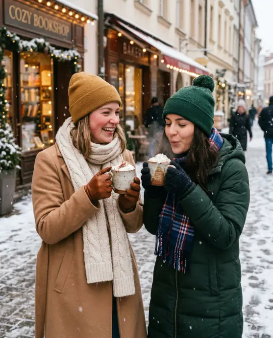 Create a photo of two young women standing close together on a snowy city sidewalk, both holding large ceramic mugs of hot chocolate with whipped cream. One is wearing a long camel wool coat with a chunky cream cable-knit scarf and brown leather gloves, her cheeks slightly flushed from the cold. The other is in a dark green puffer jacket with a matching green beanie and a plaid scarf, blowing gently on her hot chocolate to cool it. Snowflakes are falling softly around them. The background shows a charming row of shops with warm light spilling from their windows and small string lights decorating the awnings. The camera is at chest height, capturing them in a close two-shot. Soft, diffused winter light with cool blue shadows and warm orange highlights from the shop windows. Cozy, inviting, holiday editorial style. Shot with an 85mm lens, shallow depth of field. Use aspect ratio 4:5.