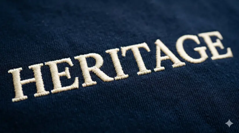Create a close-up macro photo of a navy blue t-shirt chest area showing embroidered typography that reads "HERITAGE" in a classic serif font. The embroidery is done in thick cream-colored thread with visible individual stitches, slight thread texture, and a raised, tactile surface that catches the light. The fabric has a smooth, premium cotton weave visible in the tight crop. The camera is very close, almost macro level, focused on the stitching detail with a shallow depth of field that softly blurs the edges of the frame. Soft directional side lighting highlighting the texture and dimension of the embroidery. Premium, heritage menswear brand product photography style. Use aspect ratio 16:9.