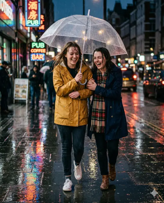 Create a photo of two young women huddled together under a large clear umbrella on a rainy city street, both laughing as rain pours around them. One is wearing a mustard yellow raincoat with white sneakers, holding the umbrella handle. The other is in a navy trench coat with a plaid scarf and brown ankle boots, clutching her friend's arm tightly. Their hair is slightly damp with a few strands sticking to their foreheads. The wet pavement reflects colorful neon signs and streetlights from the shops behind them. The camera is at eye level, positioned a few feet in front of them, capturing the rain streaks in the foreground. Cool, moody tones with pops of warm yellow from the raincoat and street signs. Cinematic, editorial street photography style. Shot with a 50mm lens, medium depth of field. Use aspect ratio 4:5.